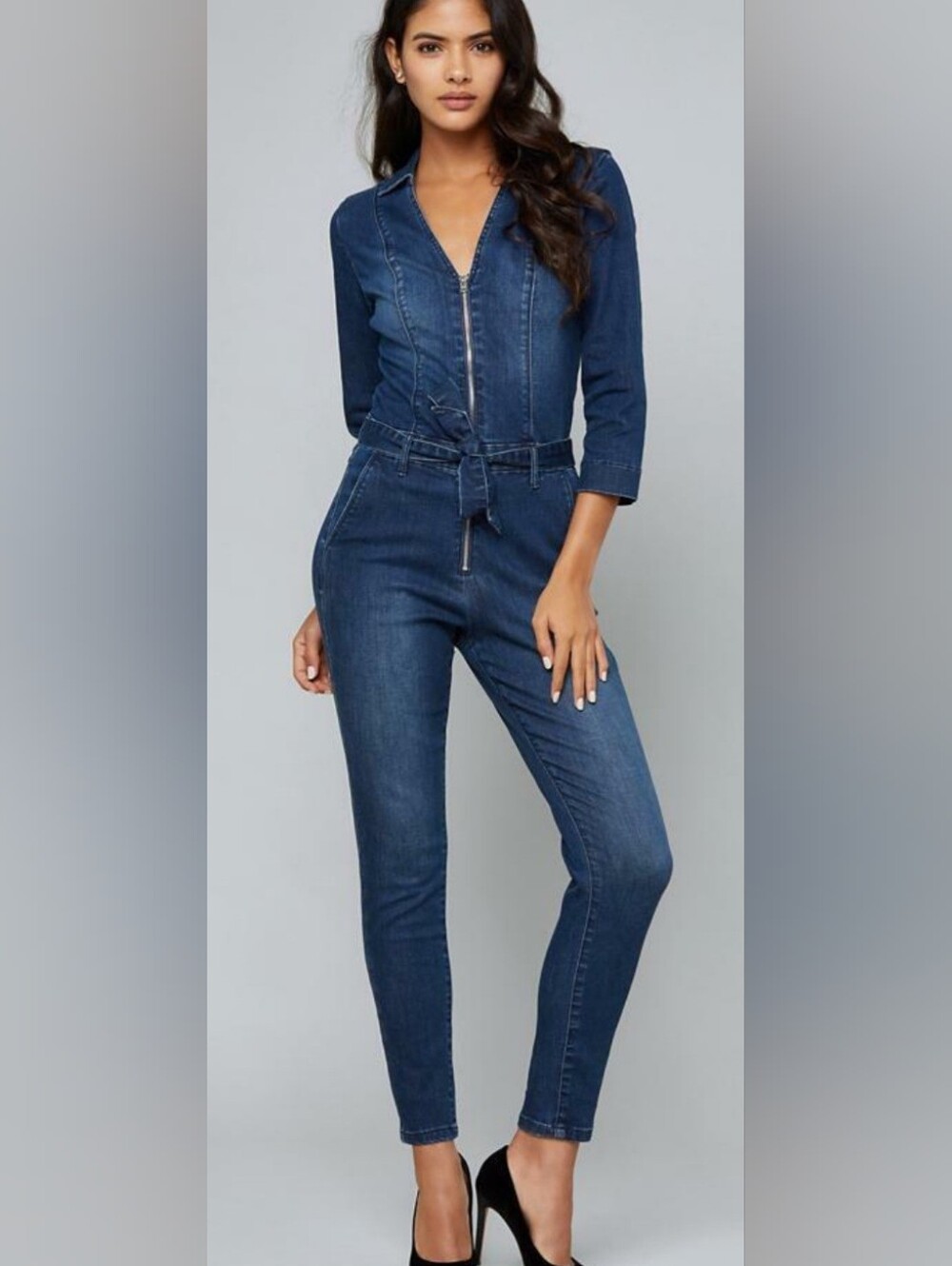 Bebe Khloe Wash Long Sleeve Denim Utility Zip Jumpsuit Belted Size 10